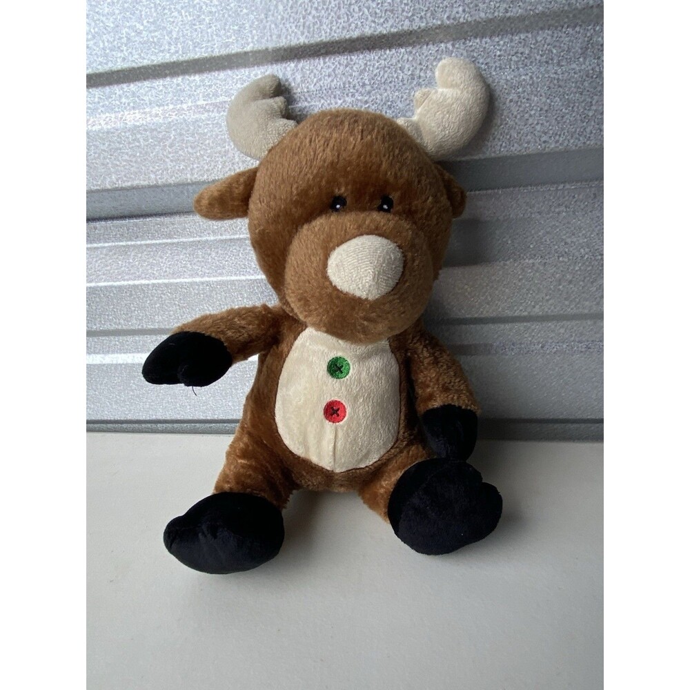 Kellytoy Plush Moose Stuffed Animal 15" Brown Beige Antlers Red Green Buttons